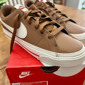 Nike Court Legacy Tan and White Sneakers with Red Detail